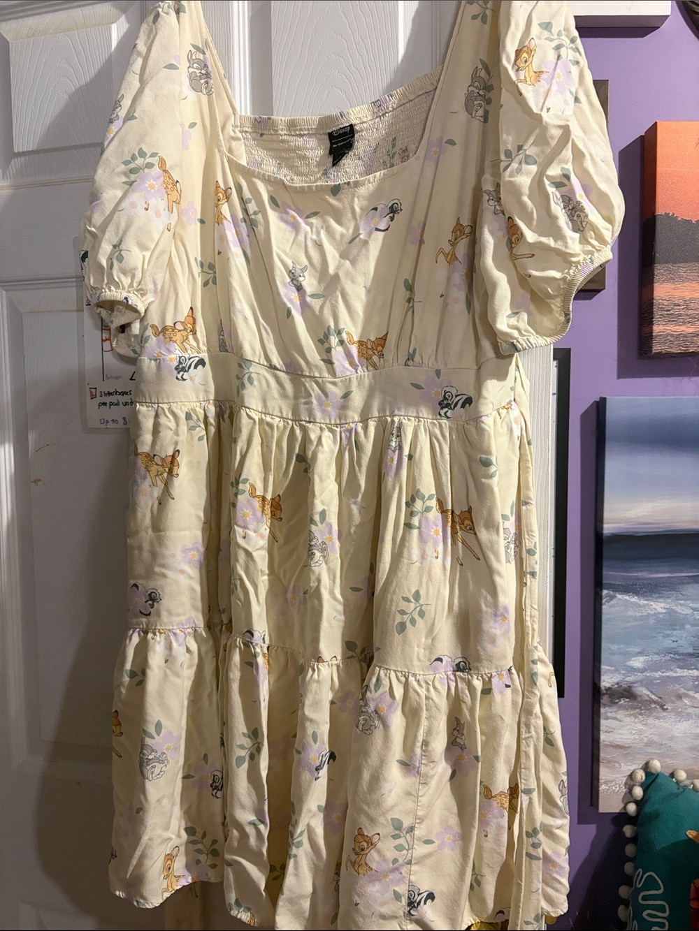 Her Universe Cream Floral & Bambi Print Tiered Puff-Sleeve Dress sz 3X